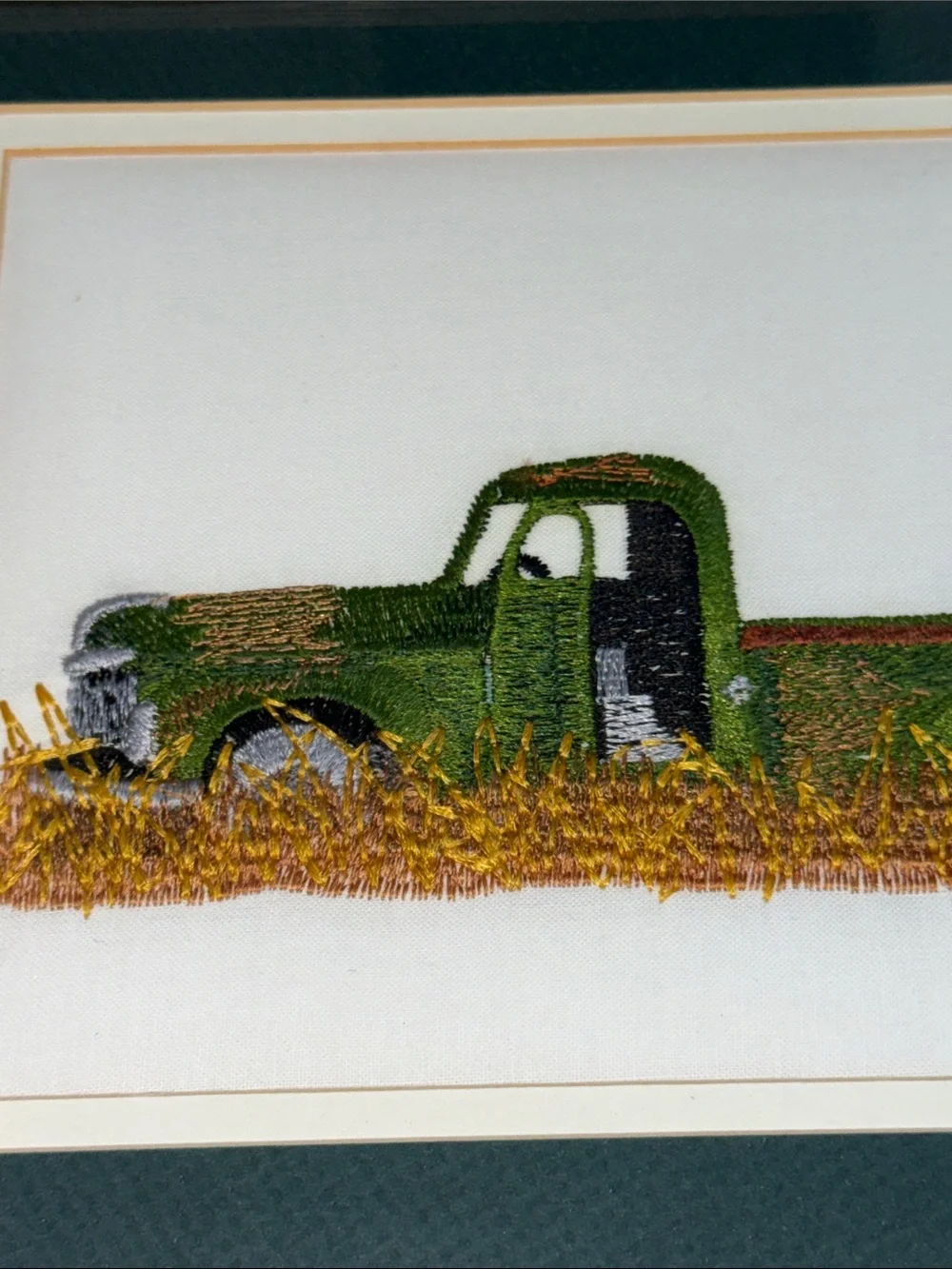 Vtg Needlepoint Embroidered Green Truck Crewel Barn wood Frame Wall Hanging